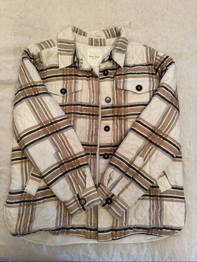 Part Two Women's Quilted Plaid Shacket Jacket in Beige Brown size M